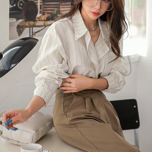 White Elegant Women's Striped Print Drop Shoulder Shirt - Picture 6 of 8